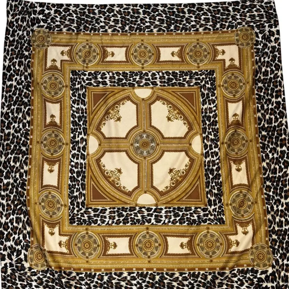 Leopard Print Chain Border Silk Feel Square Scarf Neutral Brown Black Wrap